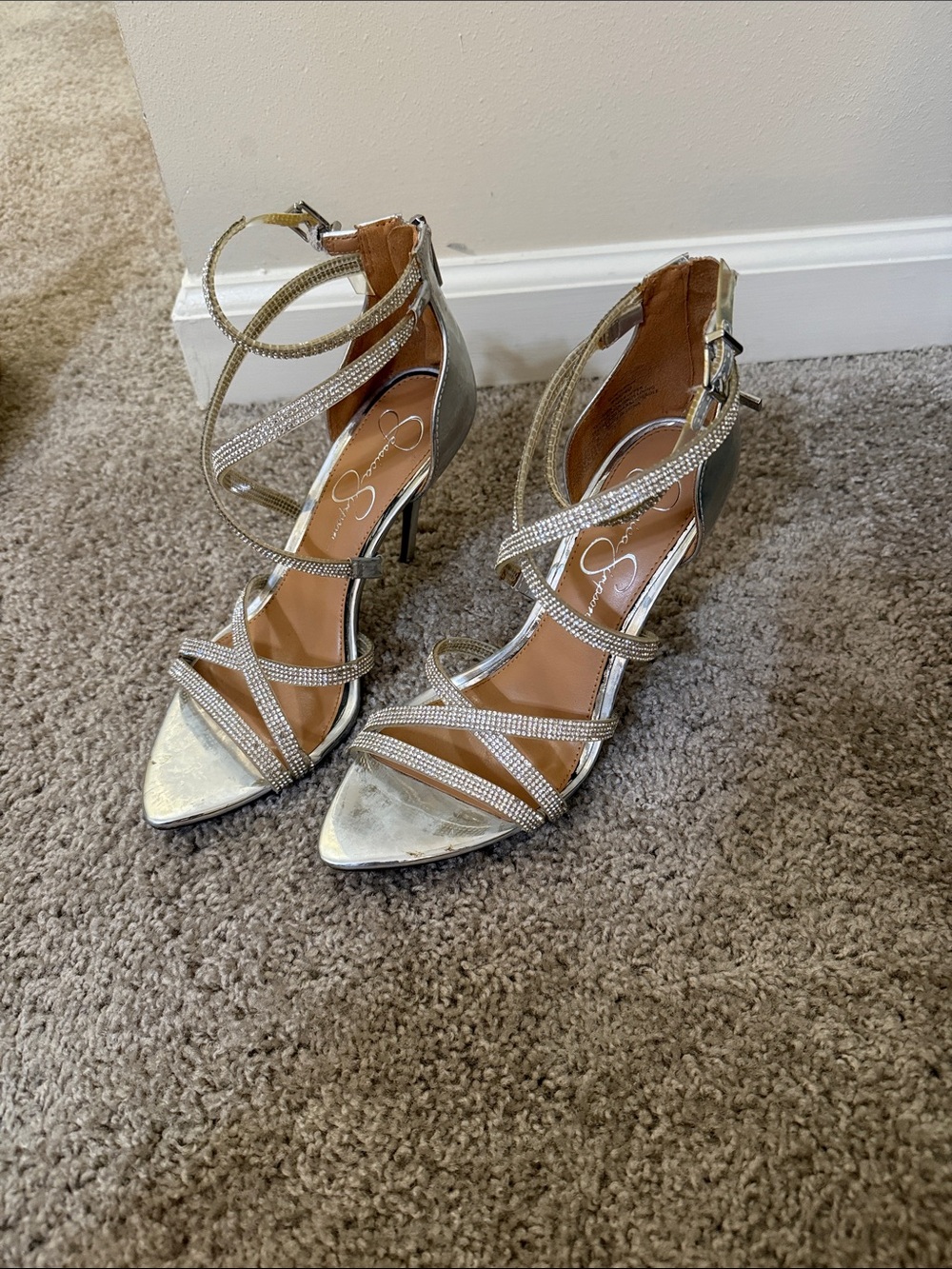 Jessica Simpson rhinestone wrap ankle stiletto sandals in silver